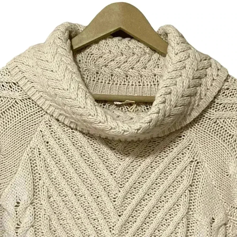 Hem & Thread Cable Knit Turtleneck Sweater Medium Ecru Hi-Lo NWT - Picture 7 of 12
